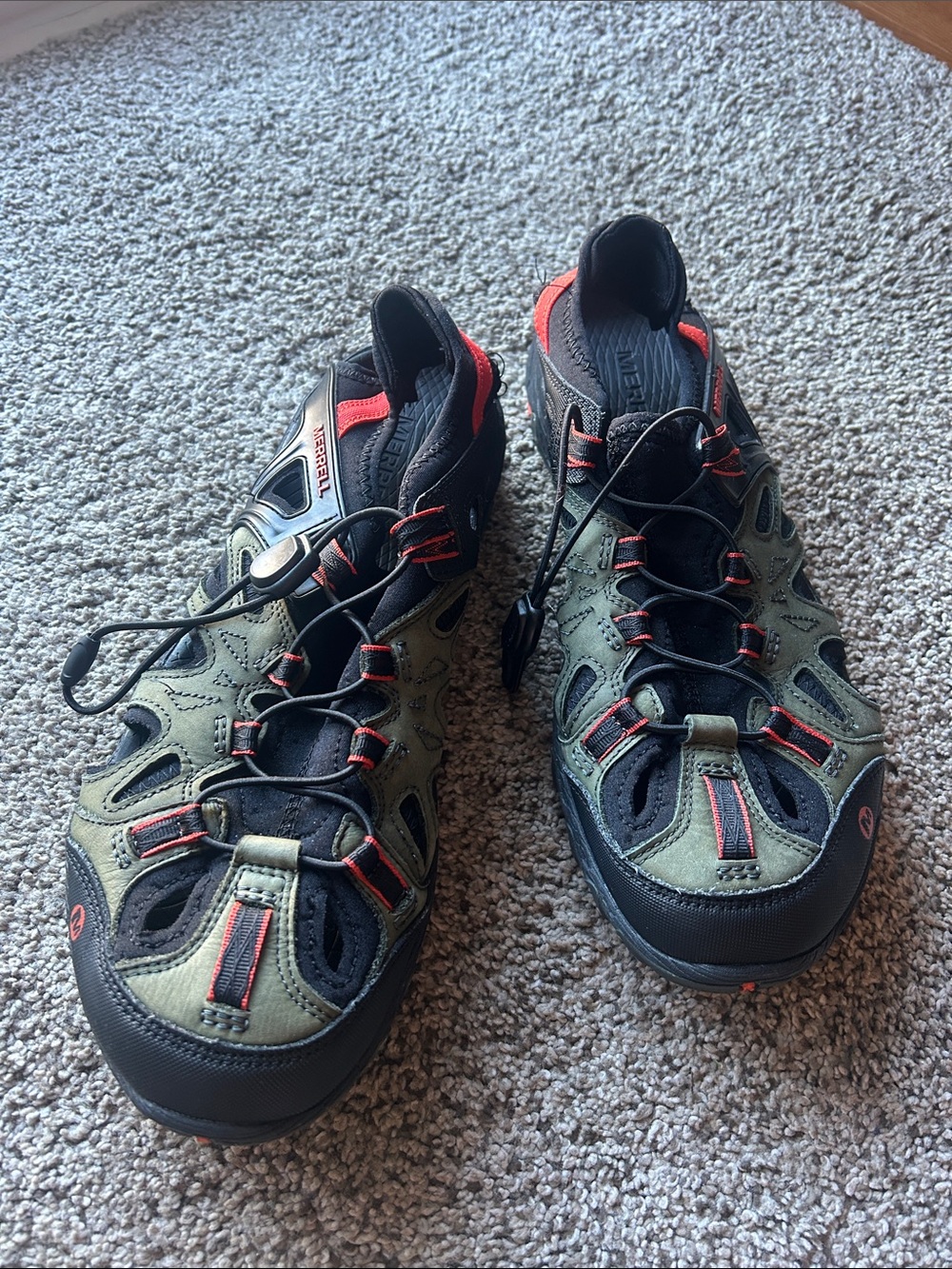 Merrell Olive Green and Black Trail Sandal Sneakers with Red Accents